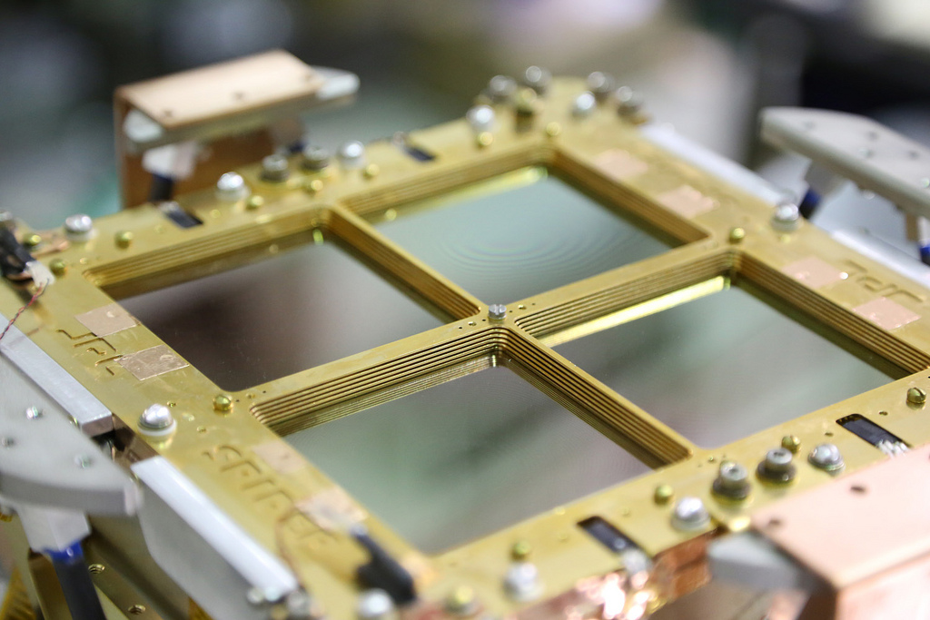 The front (sky) side of a SPIDER focal plane, showing the four silicon tiles